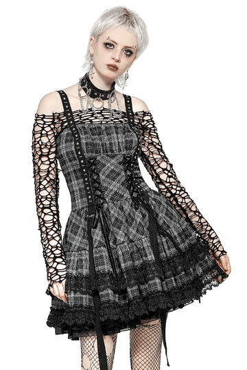 Plaid Gothic Mini Dress with Lace Edging and Harness Straps